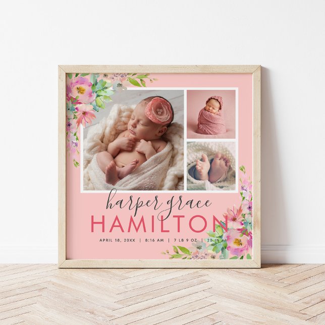 Spring Garden Baby Girl Birth Stats Photo Collage Poster (Creator Uploaded)