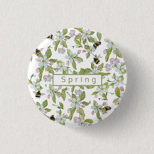 Spring garden blooms and bumblebees 3 cm round badge