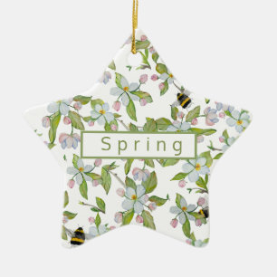 Spring garden blooms and bumblebees ceramic ornament