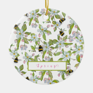 Spring garden blooms and bumblebees ceramic ornament