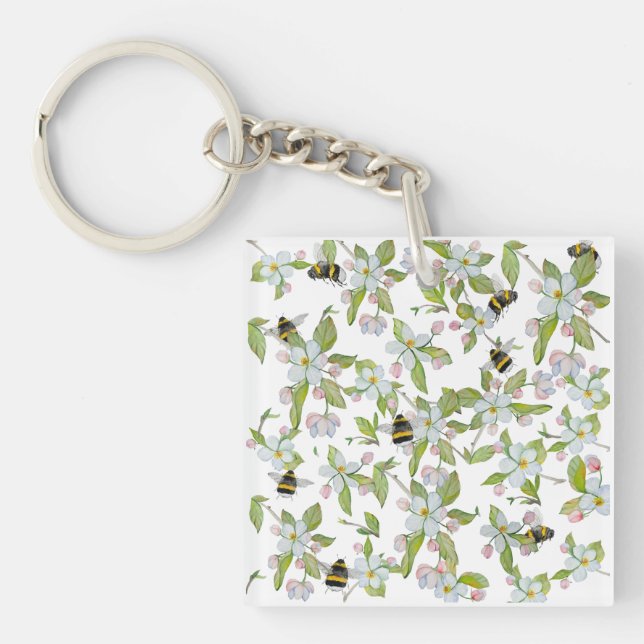 Spring garden blooms and bumblebees key ring (Front)