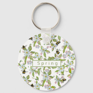 Spring garden blooms and bumblebees key ring