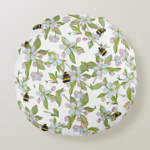 Spring garden blooms and bumblebees round cushion