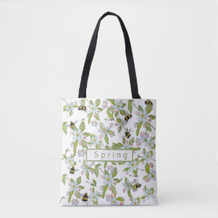 Spring garden blooms and bumblebees tote bag