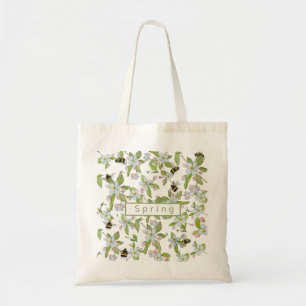 Spring garden blooms and bumblebees tote bag