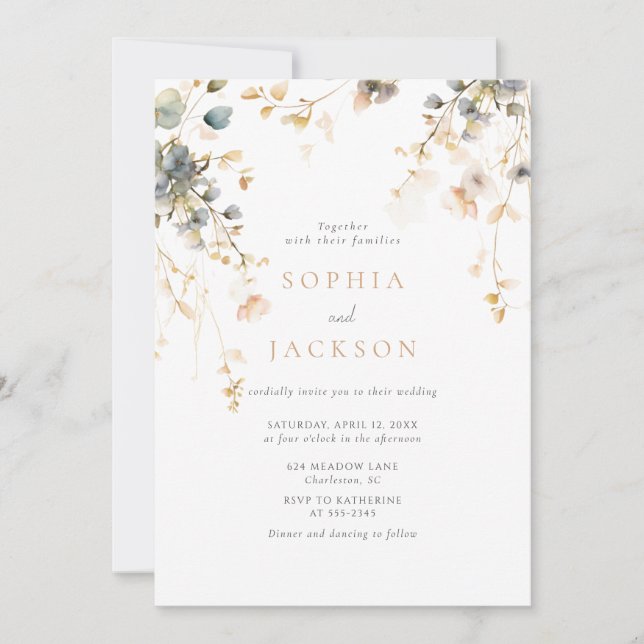 Spring Garden Boho Wildflowers Beige Blue Wedding Invitation (Front)