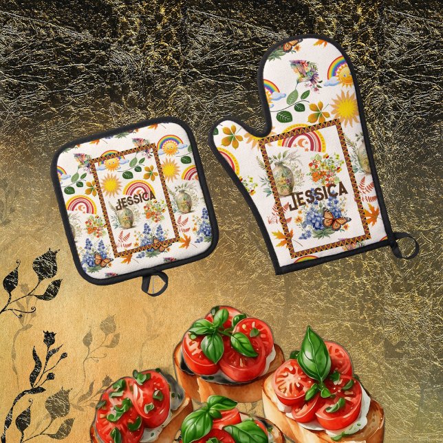 Spring Garden Butterfly Rainbow Sunshine Greenery  Oven Mitt & Pot Holder Set (Spring Garden Butterfly Rainbow Sunshine Greenery Oven Mitt & Pot Holder Set)