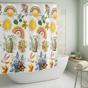Spring Garden Butterfly Rainbow Sunshine Greenery Shower Curtain