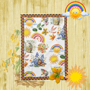 Spring Garden Butterfly Rainbow Sunshine Greenery Tea Towel