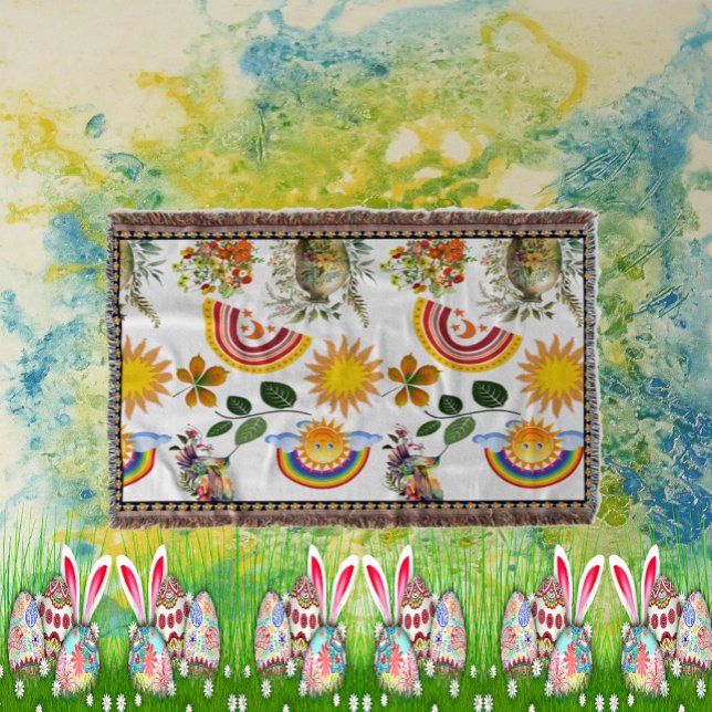 Spring Garden Butterfly Rainbow Sunshine Greenery  Throw Blanket (Spring Garden Butterfly Rainbow Sunshine Greenery Throw Blanket)