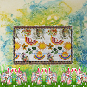 Spring Garden Butterfly Rainbow Sunshine Greenery Throw Blanket