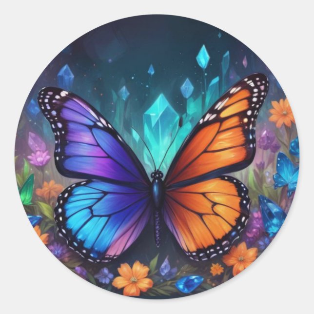 Spring Garden Fantasy Crystals Monarch Butterfly Classic Round Sticker (Front)