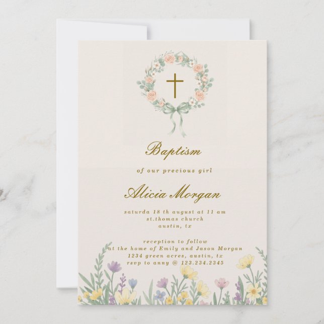 Spring Garden Floral Cross Baptism Invitation (Front)