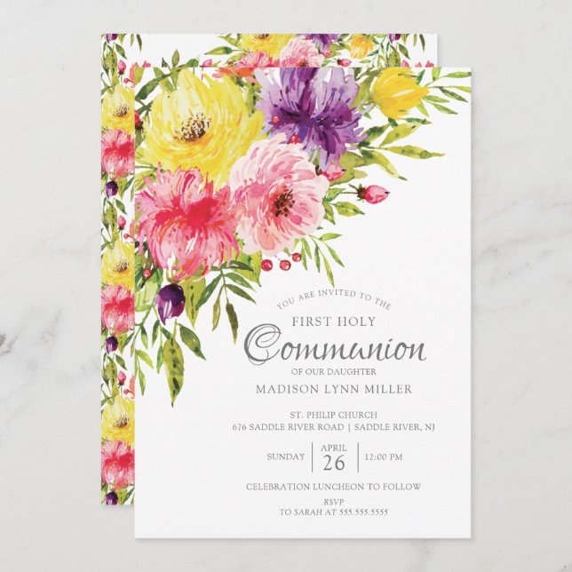 Spring Garden Floral First Communion Invitation (Front/Back)