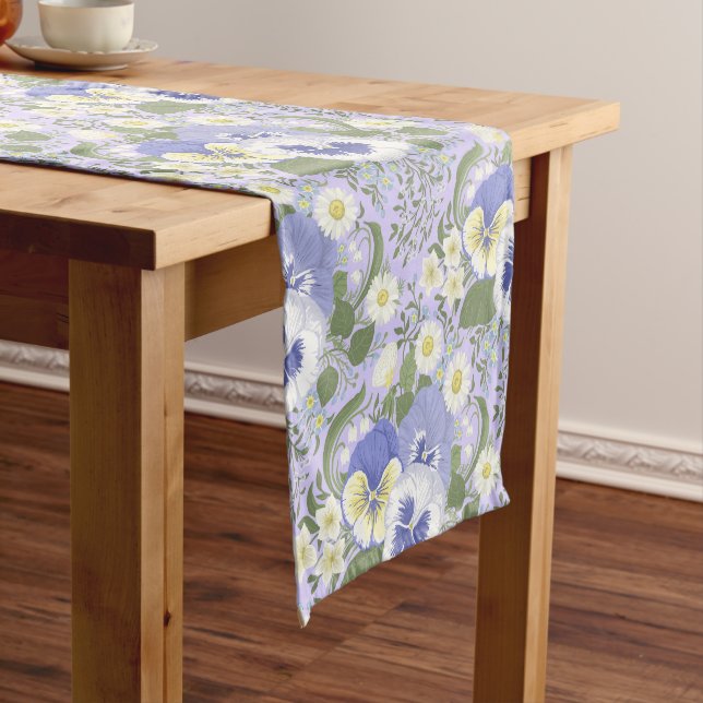Spring Garden flowers on lavender Short Table Runner (In Situ)