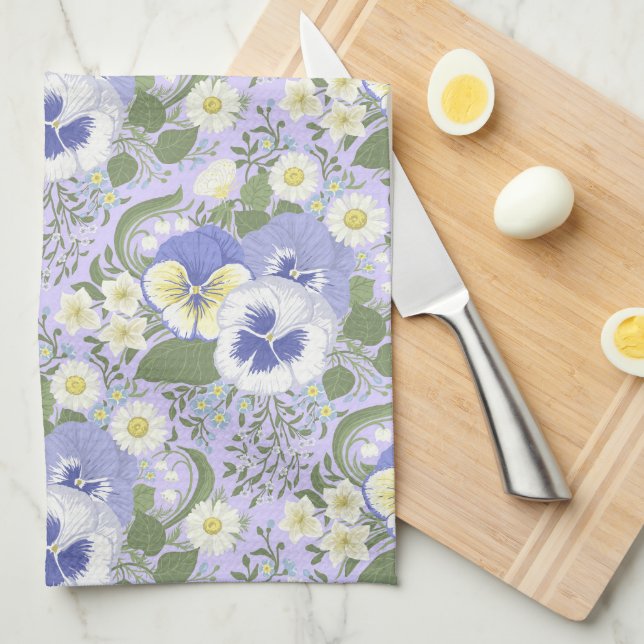 Spring Garden flowers on lavender Tea Towel (Quarter Fold)