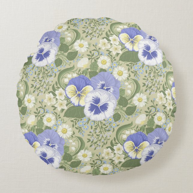 Spring Garden flowers on sage Round Cushion (Front)