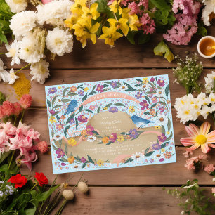 Spring Garden Flowers Sun Hat Blue Baby Shower Invitation