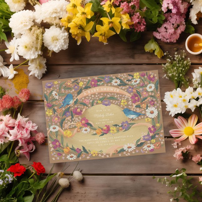 Spring Garden Flowers Sun Hat Brown Baby Shower Invitation (Creator Uploaded)