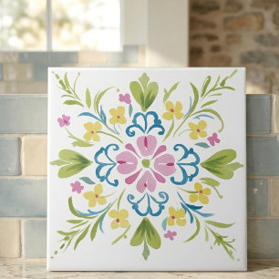 Spring Garden Folk Art Floral Decorative Tile