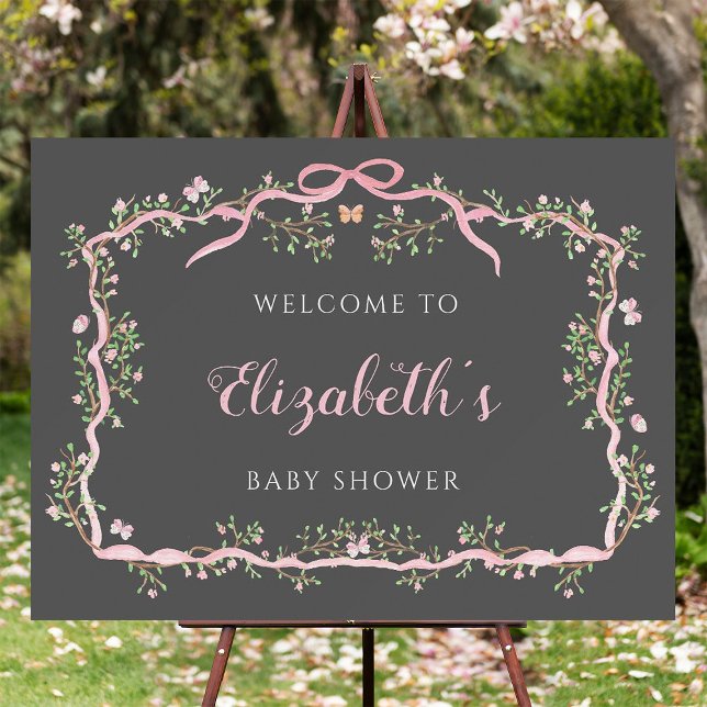 Spring Garden Grey & Pink Baby Shower Welcome  Poster (Creator Uploaded)