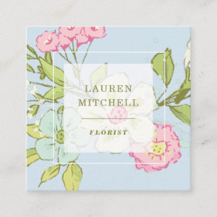 Spring Garden in Blue Trendy Floral Square Business Card