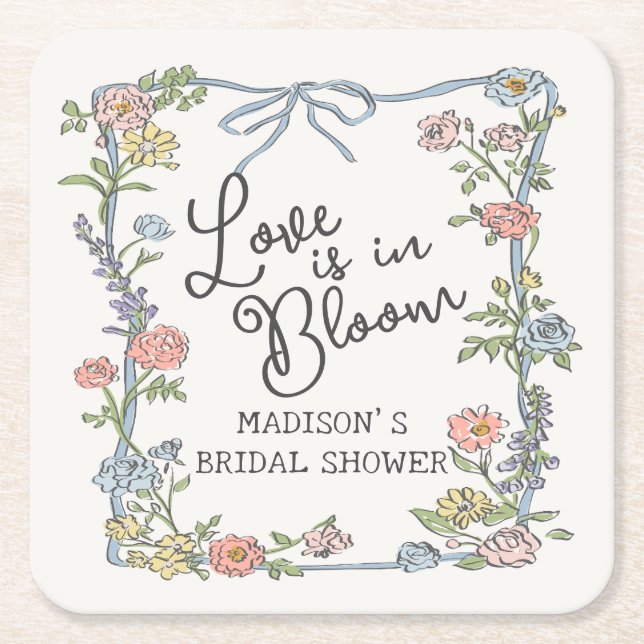 Spring Garden Party Pastel Floral Bridal Shower Square Paper Coaster (Front)