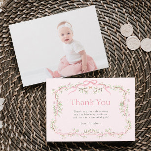 Spring Garden Pink and Green 1st Birthday Photo Thank You Card
