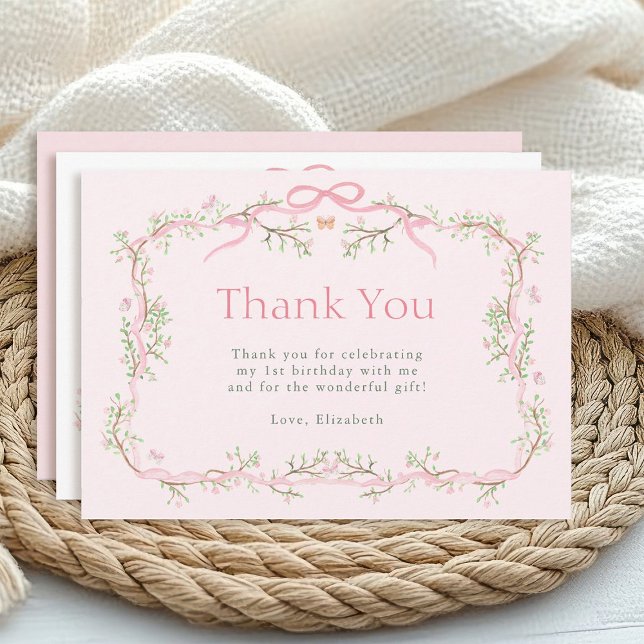 Spring Garden Pink and Green 1st Birthday Thank You Card (Creator Uploaded)