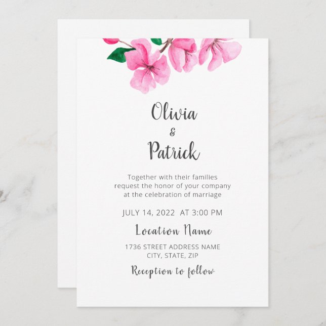 Spring Garden. Pink cherry blossom. Modern Wedding Invitation (Front/Back)