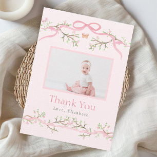 Spring Garden Pink & Green 1st Birthday Photo  Thank You Card