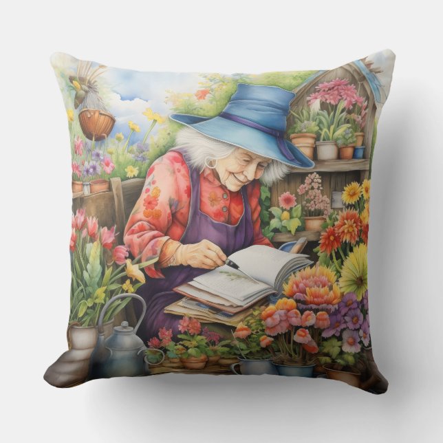 Spring garden planning blue hat flower pots cushion (Front)