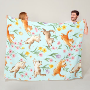 Spring Garden Romp – Playful Cats & Blossoms Fleece Blanket