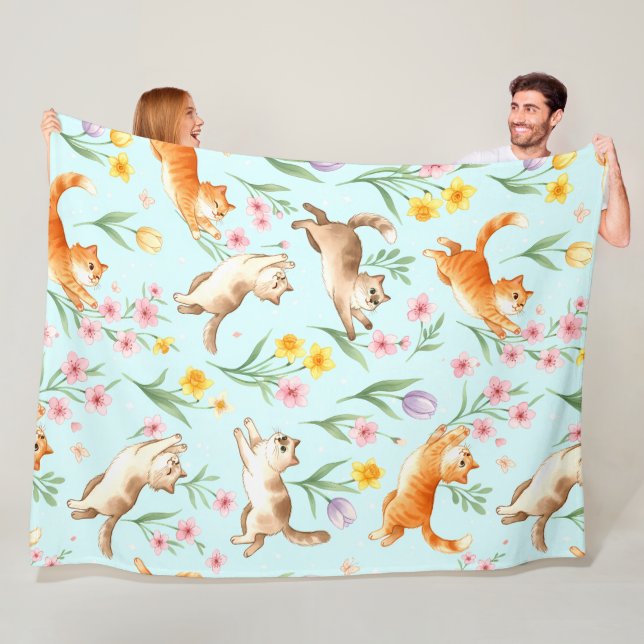 Spring Garden Romp – Playful Cats & Blossoms Fleece Blanket (In Situ)