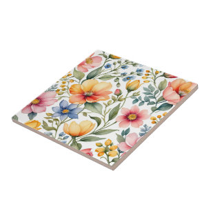 Spring Garden Symphony - Watercolor Wildflower Pat Ceramic Tile