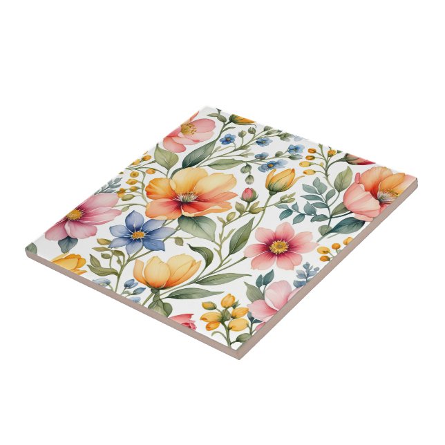 Spring Garden Symphony - Watercolor Wildflower Pat Ceramic Tile (Side)