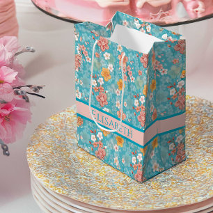 Spring Garden Turquoise Cherry Blossoms and Stripe Medium Gift Bag