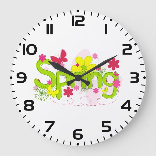 Spring Garden Typography Flowers Butterflies Large Clock (Front)