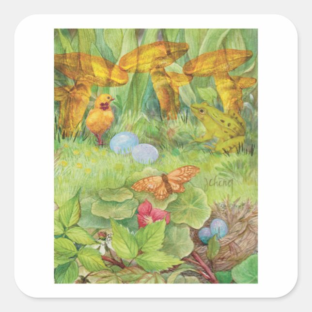 Spring Garden with Chick and Froggie Square Sticker (Front)