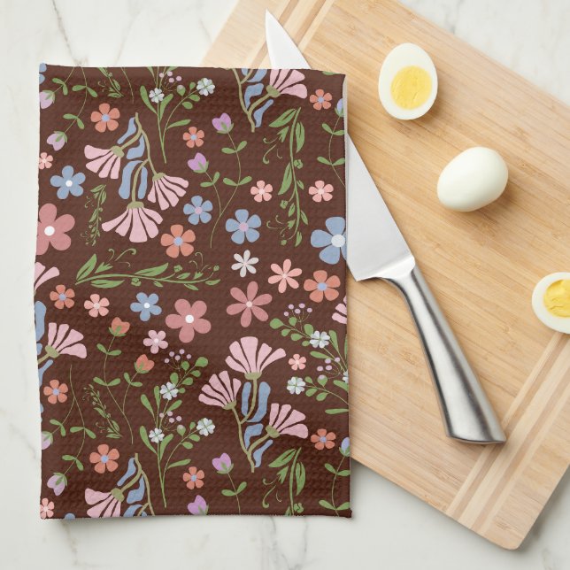 Spring Garden with Chocolate Brown Background Tea Towel (Quarter Fold)