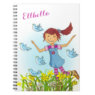 Spring girl flapping chasing birds book notebook