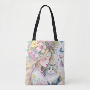 Spring girl with flowers and cat tote bag