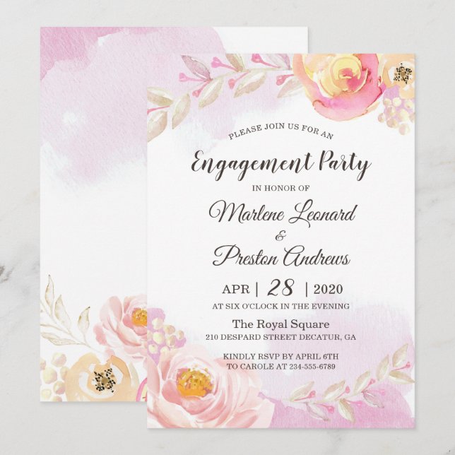 Spring Girly Pink & Gold Flowers Engagement Party Invitation (Front/Back)