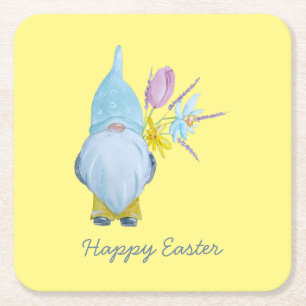 Spring Gnome Happy Easter Square Paper Coaster