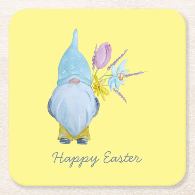 Spring Gnome Happy Easter Square Paper Coaster (Front)
