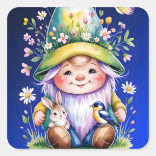 Spring Gnome with Bunny and Bluebird Square Sticker