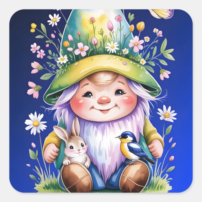 Spring Gnome with Bunny and Bluebird Square Sticker (Front)