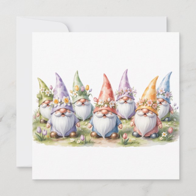 Spring Gnomes in a Meadow Holiday Card (Front)