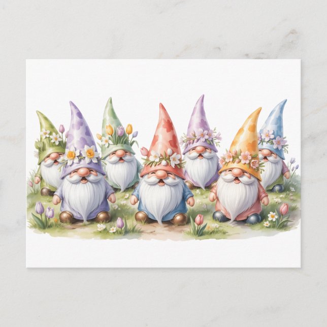 Spring Gnomes in a Meadow Holiday Postcard (Front)