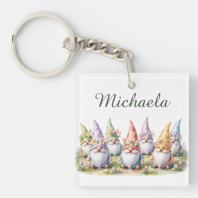 Spring Gnomes in a Meadow Key Ring (Front)